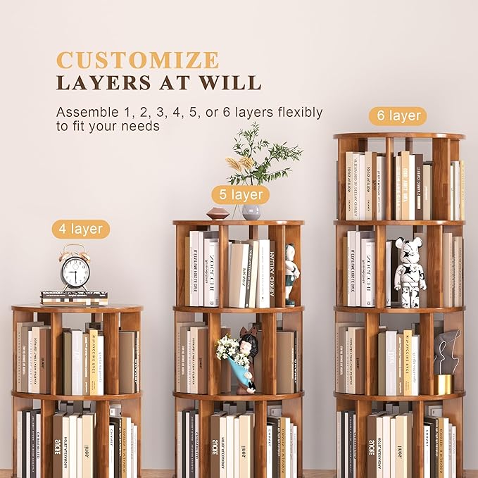 6 Tier Bookshelf Tower, 360° Solid Wood Spinning Bookcase with Swivel Wheels, Floor Standing Book Shelf for Small Space, Bookshelf for Home Office Study Room Bedroom Living Room