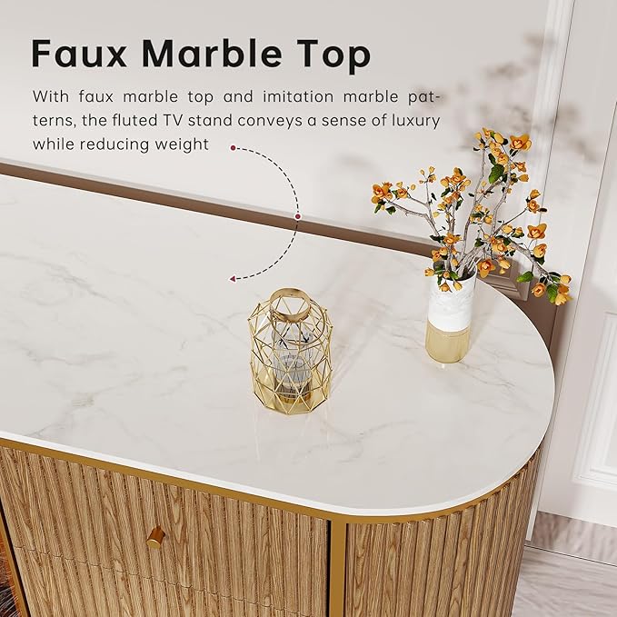 Luxury 70" Fluted TV Stand for TVs Up to 75", Modern Entertainment Center with Faux Marble Top, Media Console with Curved Profile Design, Television Stands for Living Room, Wood