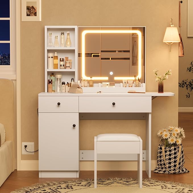 GarveeHome Makeup Vanity Desk with Mirror and Lights, Vanity Table Set with Drawer & Power Outlet ＆ Chair & 3 Shelves, Bedroom, White