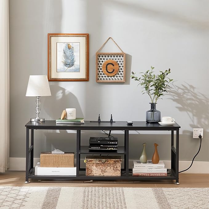 VECELO TV Stand with Power Outlets for Televisions up to 55 Inch, 47" Media Entertainment Center with Charging Station 3-Tier Open Storage Shelves with Metal Frame for Living Room/Bedroom，Black