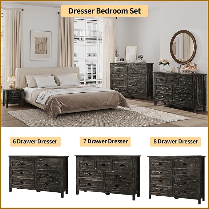 Black Dresser for Bedroom, Farmhouse 6 Drawers Dresser, Wide Chest of Drawers with Metal Handles, Modern Wood Double Chest Storage Cabinet for Living Room, Bedroom, Hallway