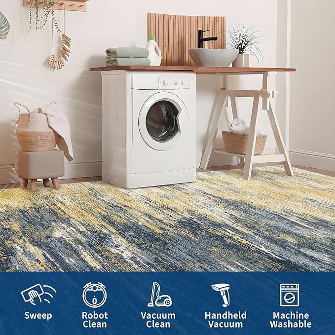 Modern Abstract Living Room Rug 10x13, Machine Washable Large Carpet, Non Slip Low Pile Throw Rug, Ultra Soft Indoor Floor Carpet for Bedroom Dining Room Table Home Decor, Yellow/Black