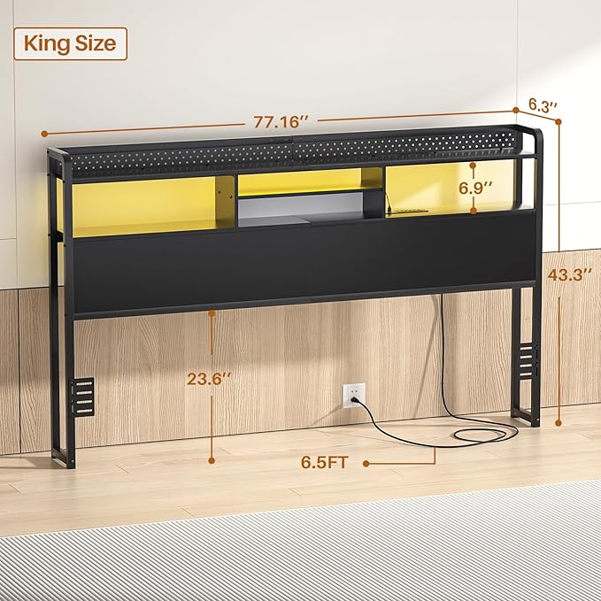 Unikito Headboard for King Size Bed with Storage Shelf, Head Board with 3 Outlets and 2 USB Ports, Headboards with RGB LED Light, Height Adjustable, Sturdy and Stable, Easy Assembly, Black