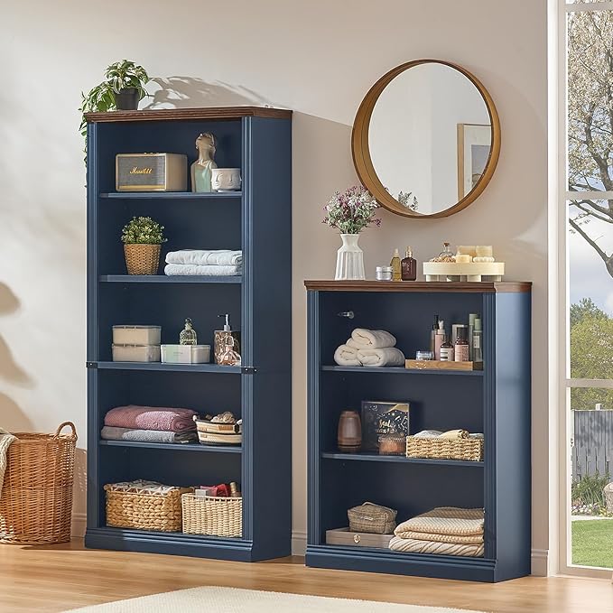 43" Blue Tall Bookshelf,3-Tier Thick Wooden Book Shelf with Adjustable Shelves,Free Standing Farmhouse Bookcase with Open Display Storage,Floor Vintage Bookshelves for Living Room,Office