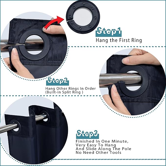 Conbo Mio Stall No Hook Shower Curtain with Snap in Liner Set, Hotel Luxury Black Shower Curtains for Bathroom with See Through Top Window, Waterproof, Washable 54W x 74H