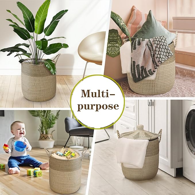 3 Pack Laundry Baskets Hamper, Seagrass Handwoven Storage Basket with Lid Handles, Natural Vietnamese Woven Decorative Wicker Clothes Hamper, Suitable for Any Home Style, Gifts for Friends