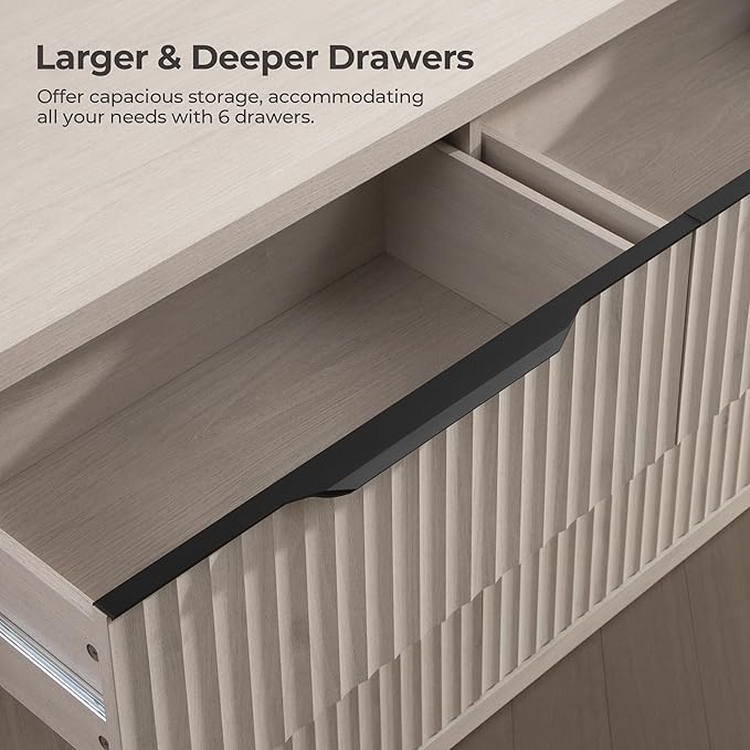 SICOTAS Dresser for Bedroom 6 Drawer Dressers & Chests of Drawers for Closet Long Large Modern TV Stand Set for Clothes Storage Fluted Wide Clothes Closet for Hallway Entryway (White Alder, 2 Pieces)
