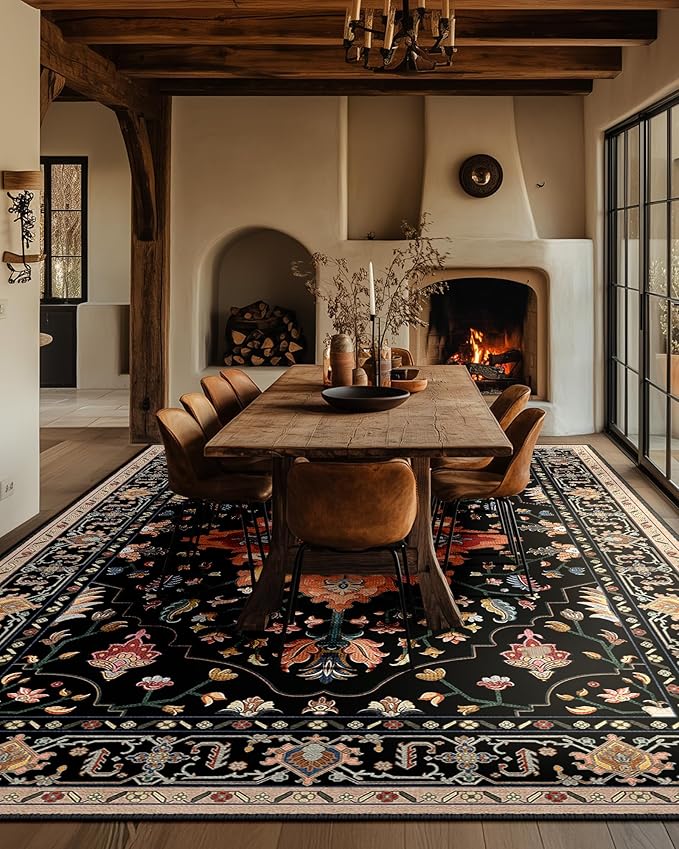 Area Rugs 9'x12' Washable Non-Slip, Floral Vintage Distress Print Pattern Medallion Carpet for Living Room Bedroom Dining Room, Black Colorful Floral Dark Tan