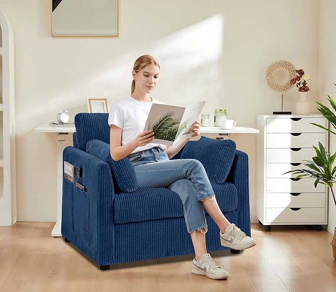 Modern Accent Chair Living Room Chairs in Corduroy Fabric,Reading Chair Sofa Couch for Apartment and Small Spaces. (Blue, Chair)