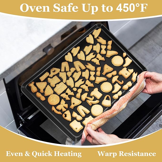 E-far 16x12 Inch Baking Sheet, Non-stick Cookie Sheet Pan for Oven Baking Cooking Roasting, Carbon Steel Tray Metal Bakeware for Jelly Roll Steak, Non-toxic & Warp Resistant, Easy Clean