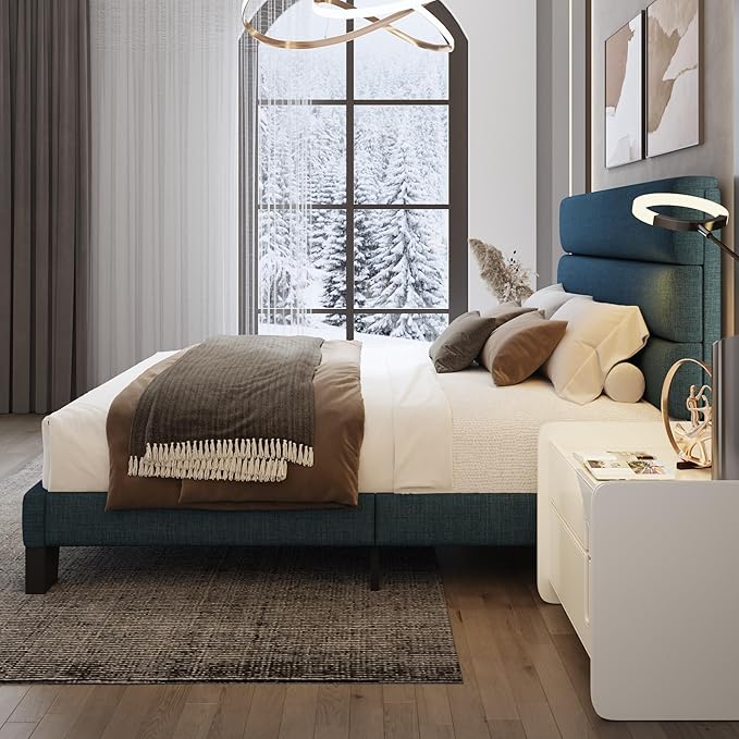 WEEWAY Queen Bed Frame Platform Bed with Linen Fabric Upholstered Headboard and Wooden Slats Support, Heavy Duty Mattress Foundation, No Box Spring Needed, Easy Assembly, Navy Blue