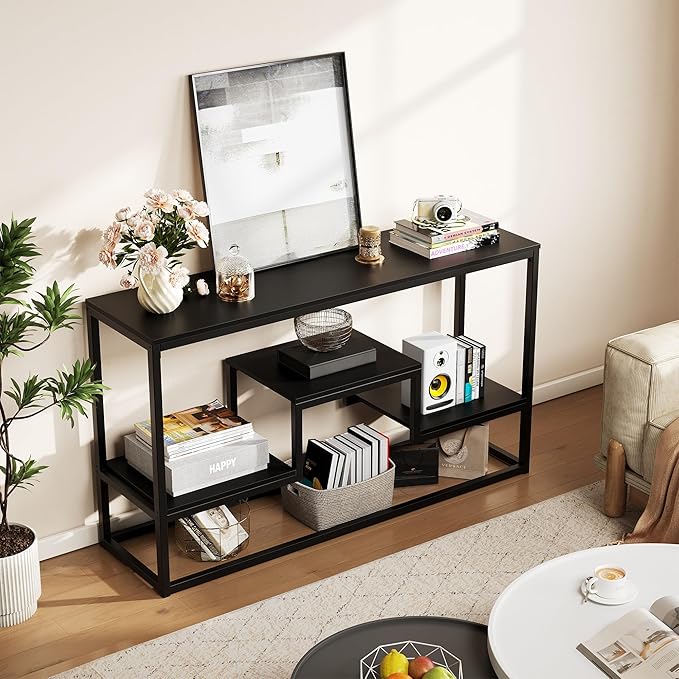 TV Stand for TVs up to 65 Inch, TV Console Table with 3-Tier Open Storage Shelves, Modern Industrial Entertainment Center for Living Room, Bedroom, Black