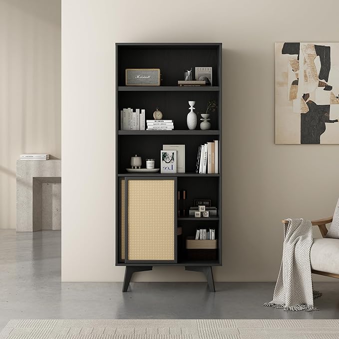 MUSEHOMEINC 5-Tier Tall Bookcase with Sliding Rattan Doors, Black Wooden Bookshelf with Storage, Farmhouse Office Bookshelves for Living Room,Office, Bedroom