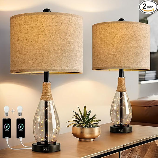 OYEARS 23" Table Lamps for Living Room Set of 2 Bedside Lamps for Night Stands Bedroom Lamps Farmhouse Rattan Boho Lamp Glass Nightlight End Table Lamp with USB C+A (Black),Two Light Points