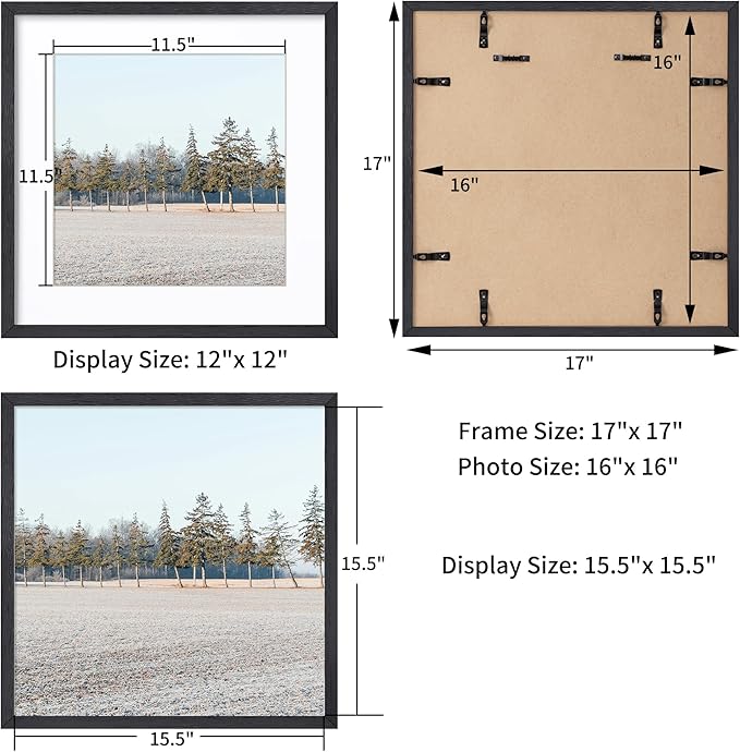 Axeman 16x16 Picture Frame with Mat for 12x12, Solid Oak Wood Square Picture Frame with Tempered Glass, Wooden Square Photo Frame 16''x16'' for Art Photo and Prints, Set of 2, Black