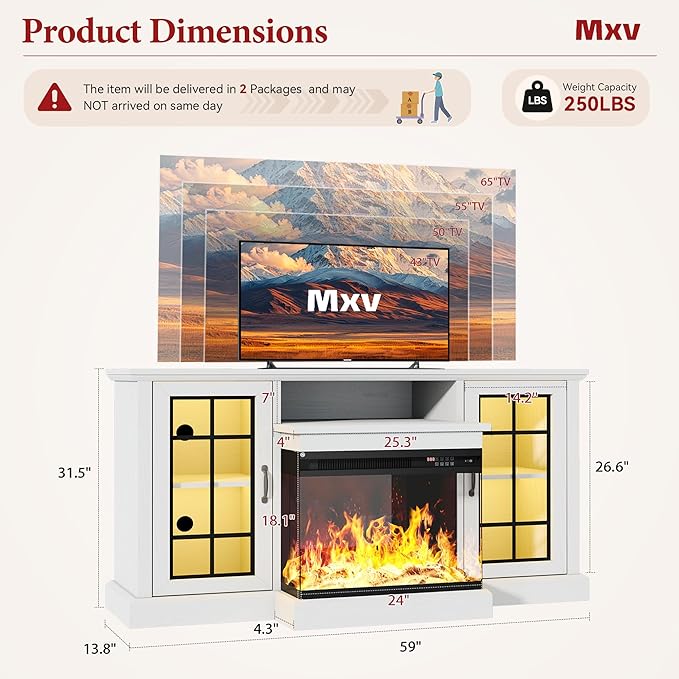 MXV 59'' Fireplace TV Stand, Farmhouse Entertainment Center with 3 Sided Glass TV Stand, Modern Media Console Table with Storage Drawers & Cabinets with LED Flame and Lights for Living Room, White