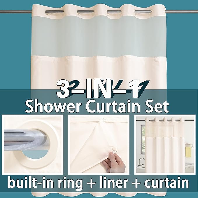 Extra Long No Hook Shower Curtain with Snap in Liner Set, Hotel Luxury Beige Fabric Shower Curtains for Bathroom with See Through Top Window, Washable, Waterproof 71W x 84H