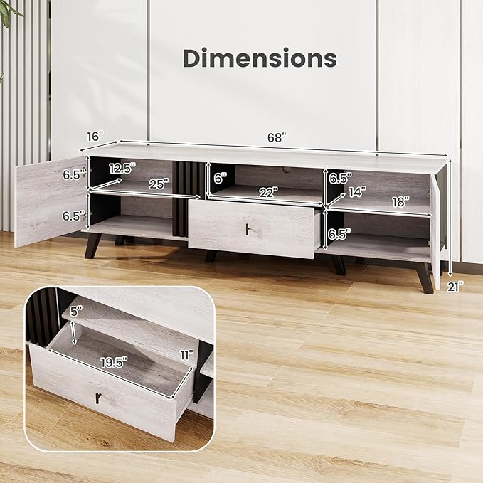 Giantex Mid Century ModernTV Stand for 65-80 Inch TV, Wood Entertainment Center with Storage Drawer, 2 Side Cabinet &Open Shelf, TV Console Table for Bedroom, Living Room