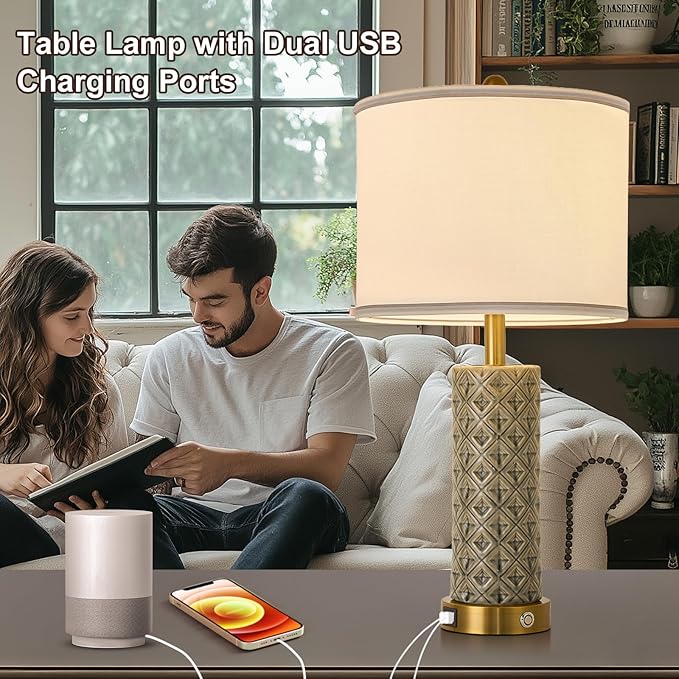 Set of 2 Table Lamp for Living Room Bedroom Farmhouse,26'' Touch Control Bedroom Smoke Grey Ceramic Lamps 3-Way Dimmable Bedside Lamps with USB A+C Ports Linen Shade for Home