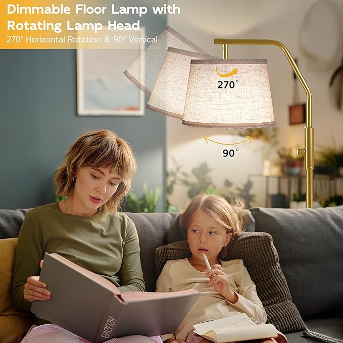 SUNMORY Floor Lamps for Living Room, 9W Bulb Included, Lamp for Bedroom with Adjust Head, Standing Lamp with Rotary Switch, 0-100% Dimmable Floor Lamp for Living Room Bedroom Office Nursery, Gold.