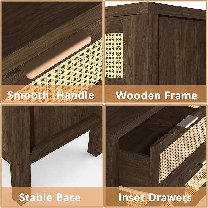 Wood 6 Dresser for Bedroom, Wide Rattan Drawer with Gold Handle for Bed Room, Hallway, Brown Oak