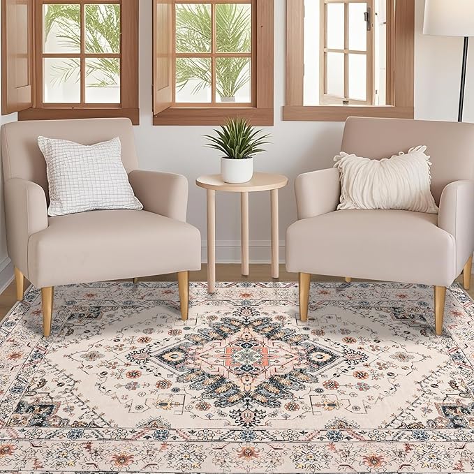 Vintage Area Rug 5x8 Rugs, Machine Washable Vintage Area Rug Non-Slip Low Pile Large Rug for Living Room, Bedroom, Farmhouse, Dining Room, Beige