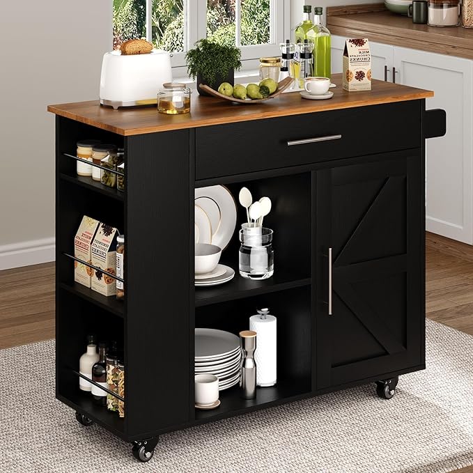 4 EVER WINNER Kitchen Island Cart with Storage, Kitchen Island with Spice Rack & Towel Rack & Open Shelves, Rolling Kitchen Cart with Storage Cabinet and Drawer, Island Table for Kitchen,Black