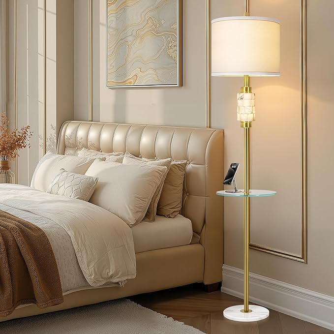 Gold Floor Lamp for Living Room with Glass Tray and Night Light,Alabaster Tall Lamp,Living Room Lamp with Linen Shade,Marble Base Standing Lamp Decor for Bedroom,Office(Bulb Included)