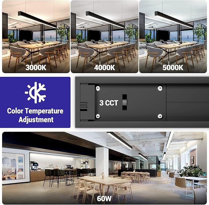 JTT 8FT LED Linear Light Fixture, 60W 3CCT 3000K/4000K/5000K CCT Selectable, Linkable Office Shop Light Fixture, ETL Listed Dimmable Architectural LED Suspension Office Lighting Fixture-4 Pack