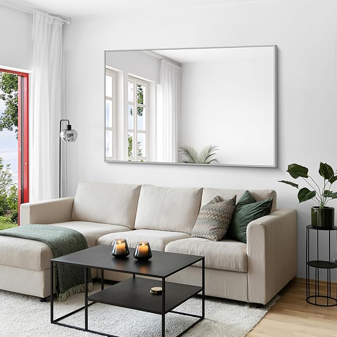 KOCUUY Large Silver Bathroom Mirror, 60x40 inch Rectangular Mirror for Bathroom Sink, Oversized Mirror with Metal Brushed Nickel Frame for Living Room, Farmhouse, Entryway, Hang Horizontal/Vertical