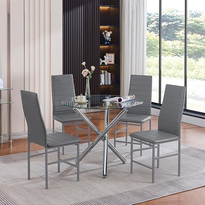 5-Piece Round Glass Dining Table Set for 4 Modern Kitchen Table with 4 Dining Chairs Set Round Circle Table and PU Upholstered Chairs Set for Small Space/Kitchen/Apartment