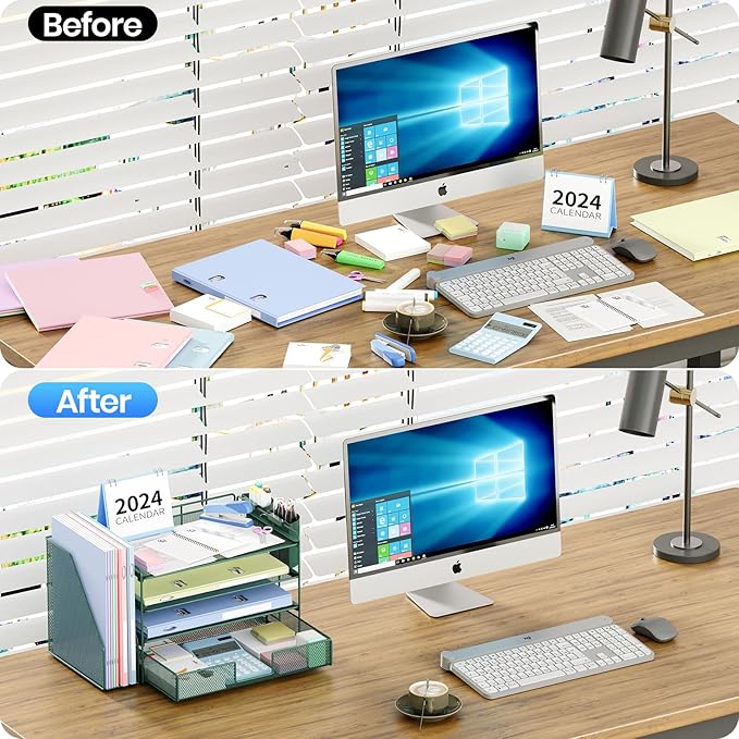 Desk Organizer and Accessories, 4-Tier Desktop File Organizer with Drawer and 2 Pen Holders, Office Desk Accessories for Office Supplies(Dark Green)