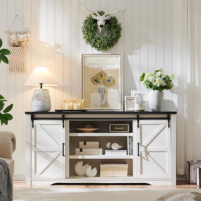 Farmhouse TV Stand for 75+ Inch TV, 32" Tall Entertainment Center w/4 Drawers & Sliding Barn Door, Rustic Media Console w/Storage Shelves, 66" Wood Television Stand for Living Room, Off White