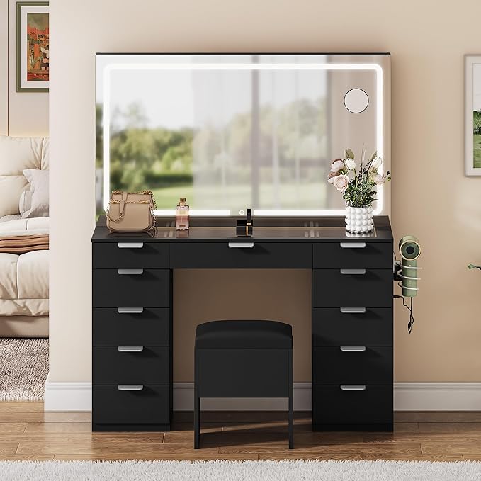 YITAHOME Lighted Vanity Table with Glass Top, 11 Drawers & Storage Stool, Makeup Desk with Smart Mirror, Touch LED Lights, Charging Ports & Hair Dryer Holder
