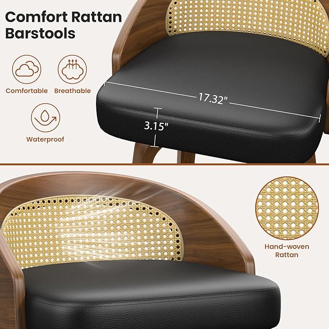 Rattan Bar Stools Set of 6, 26" Swivel Counter Height Bentwood Barstool, Mid-Century Modern PU Leather Upholstered Bar Chair with Back and Footrest, for Kitchen Island, Bar, Dining Room, Cafe