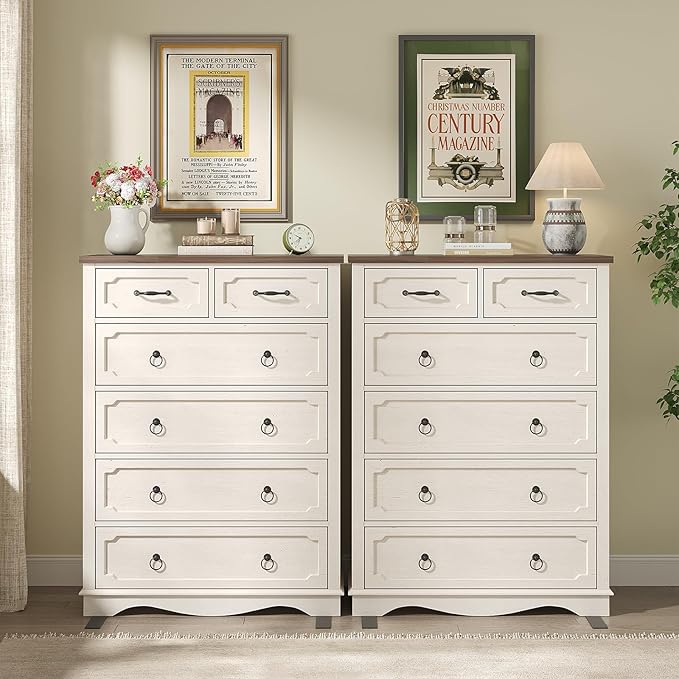 Maupvit 6 Drawer Dresser, 43" Tall Chest of Drawers for Bedroom, Farmhouse Dresser with Large Drawers & Metal Ring Pull Handles, Wood Dressers for Living Room, Hallway, Entryway, Antique White