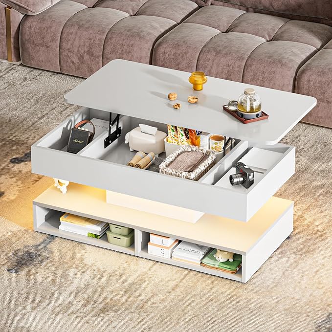 LED Coffee Table for Living Room,47.2" Large Living Room Table 2-Tier High Glossy Coffee Table with Storage,Rectangular Wooden Tea Tables for Home Office,White