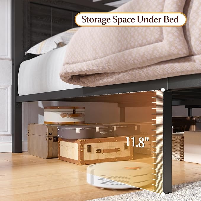 EnHomee King Size Bed Frame with Headboard and Storage, 2 Drawers & LED Farmhouse King Bed Frame with Storage Built in Charging Station,NO Noise,No Box Spring Needed,Black