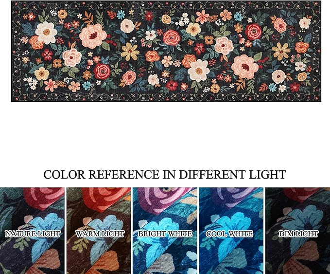 DUKINO 2x6 Runner Rug for Hallway, Washable Kitchen Runner Rug with Non Slip Backing, Low Pile Soft Boho Floral Runner for Kitchen, Hallway, Entryway, Laundry, Bedroom, Black