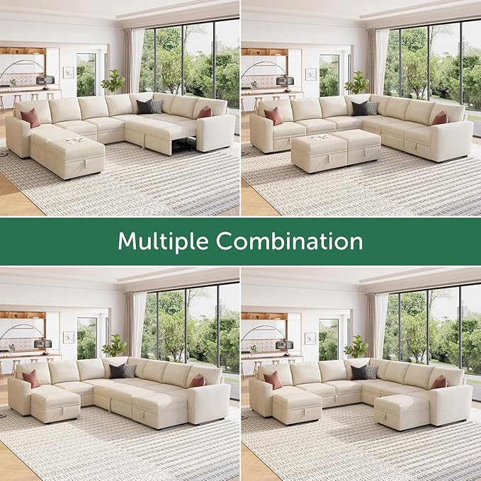HONBAY Modular Sectional Sleeper Sofa with Pull Out Couch, Oversized U Shaped Sleeper Pull Out Bed with Storage Sectional Couches for Living Room - Beige