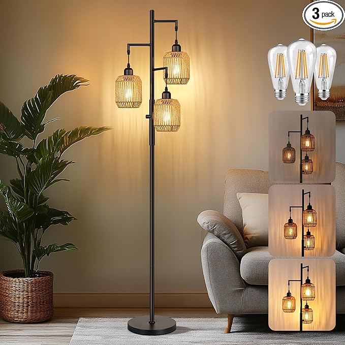 ROTTOGOON Dimmable Boho Floor Lamp - 3 Light Farmhouse Rattan Floor Lamp for Living Room, Industrial Tree Floor Lamps with 3 X 6W LED Bulbs, Rustic Standing Tall Lamp for Bedroom, Office, 68", Black