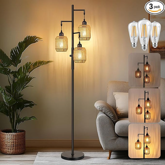 ROTTOGOON Dimmable Boho Floor Lamp - 3 Light Farmhouse Rattan Floor Lamp for Living Room, Industrial Tree Floor Lamps with 3 X 6W LED Bulbs, Rustic Standing Tall Lamp for Bedroom, Office, 68", Black