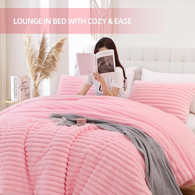 Smoofy Fluffy Twin Comforter Sets 2 Pieces - Pink Fleece Fluffy Comforter Set, Luxury Fuzzy Twin Bedding Set, Soft Twin Size Comforter All Season, Heavy Faux Fur Comforter with Pillow Cases