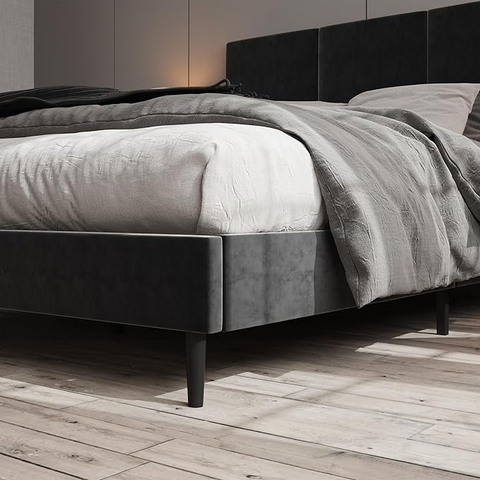 Queen Size Bed Frame with Headboard, Vertical Channel Tufted Heavy Duty Queen Platform Bed Frame, No Springs Required, Easy to Assemble, Black