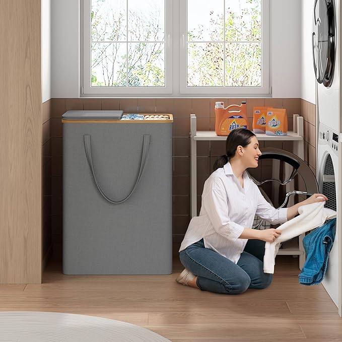 160L Double Laundry Hamper with Lid 2 Section, Large Bamboo Laundry Basket with 2 Removable Bags, Clothes Hampers for Laundry for Bedroom, Bathroom, Dorm, Laundry Room, Grey