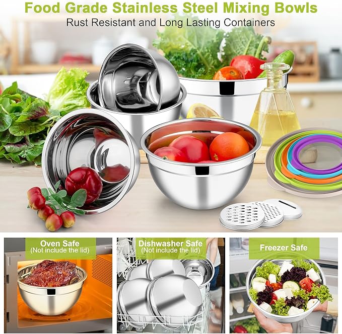 E-far Mixing Bowls with Lids Set of 5, Stainless Steel Salad Mixing Bowl with Transparent Lid, Metal Nesting Storage with 3 Graters for Kitchen Prepping/Serving/Baking, 4.6/2.6/1.5/1/0.7 QT - Colorful