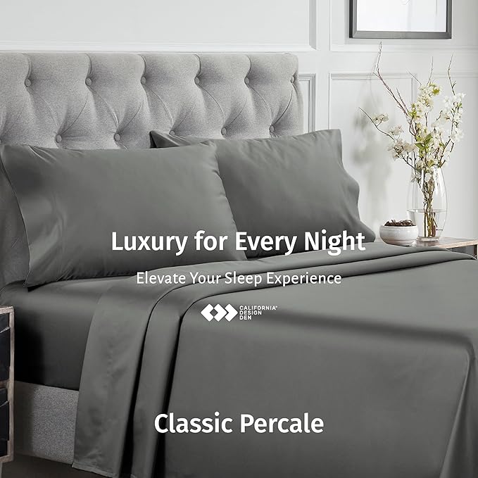 California Design Den King Size Sheets Set Cotton - Certified 100% Egyptian Cotton King Size Percale Sheets Set with Deep Pockets, Cool, Crisp & Durable Luxury Bedding - Grey