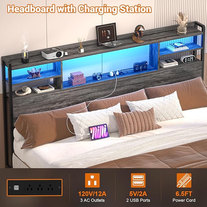 Aheaplus Headboard for King Size Bed with Storage, Headboards with LED Light, Power Outlets, USB Ports King Size Head Board, Wood headboard Only Sturdy and Stable Headboards, Modern, Black Oak