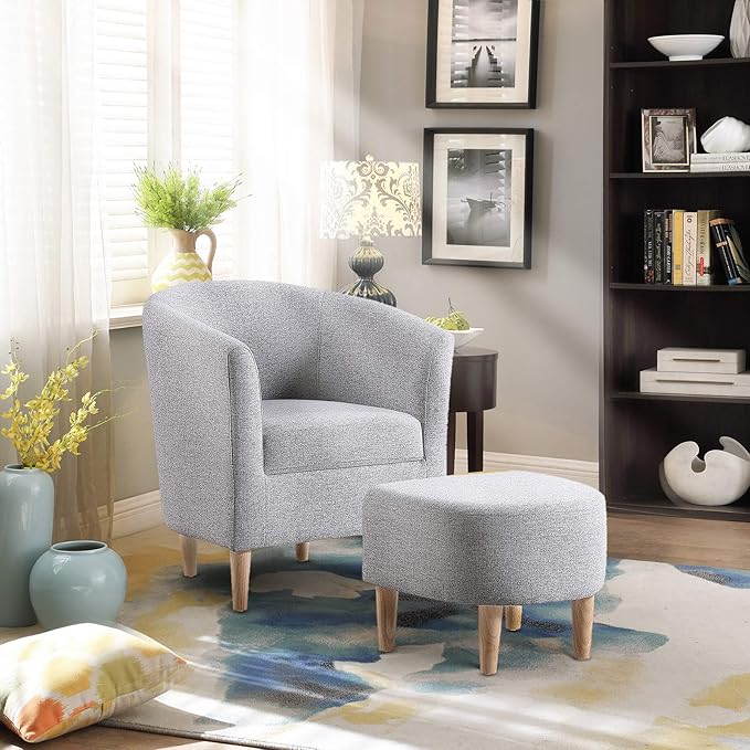 DAZONE Accent Chair with Ottoman, Modern Comfy Armchair Upholstered Barrel Club Chair and Footrest Set, Fabric Tub Arm Chairs for Living Room Bedroom Small Spaces Apartment Office, Set of 2, Gray