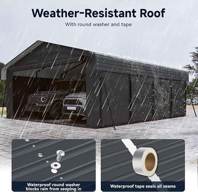 20 x 20FT Heavy Duty Metal Carport, Outdoor Carport with Galvanized Steel Frame and Roof, Multi-Use Car Shelter with Removable Sidewalls for 2 Cars, Pickup, Tractors, Gray